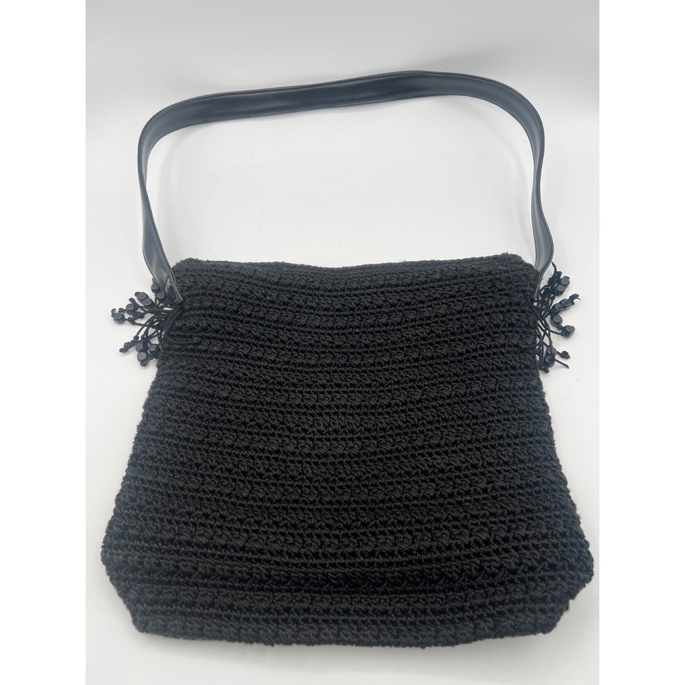 The Sak Black Crochet Knit Shoulder Bag Beaded Fringe Hobo Purse Bohoโ Medium